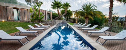 A row of sunbeds beside a reflective pool, surrounded by lush greenery and palm trees, creating a serene relaxation area.