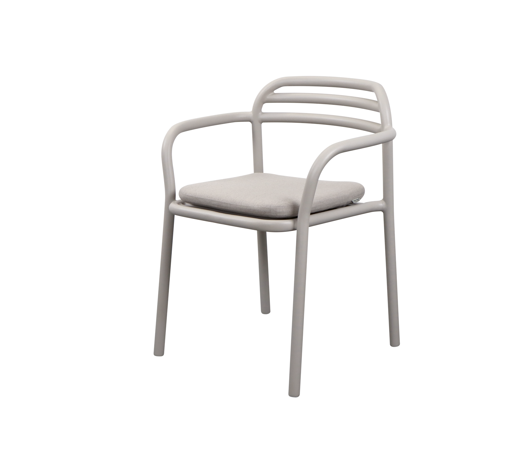 A modern armchair featuring a sleek design with rounded armrests and a padded seat in a neutral color.