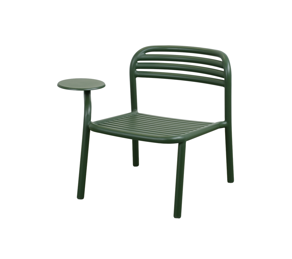 Dark green chair with an attached side table in a modern design.