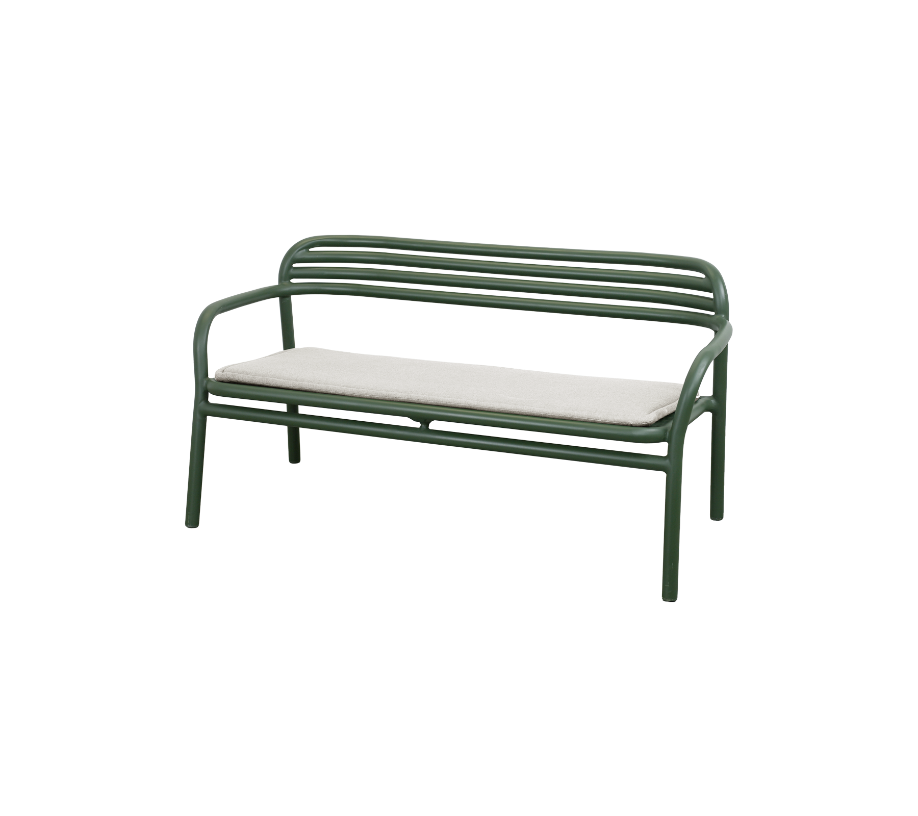 Dark green bench with sand cushion in a modern lounge setting.