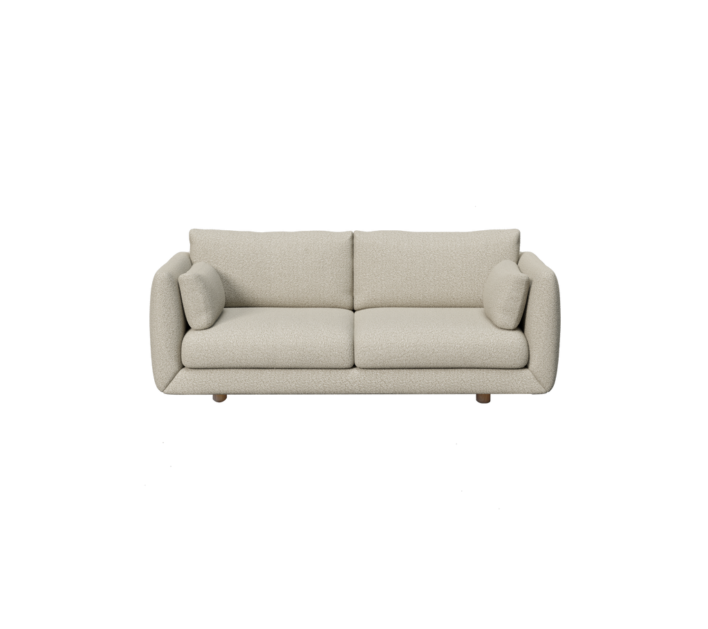 Light brown modern sofa with rounded cushions in a minimalist style.