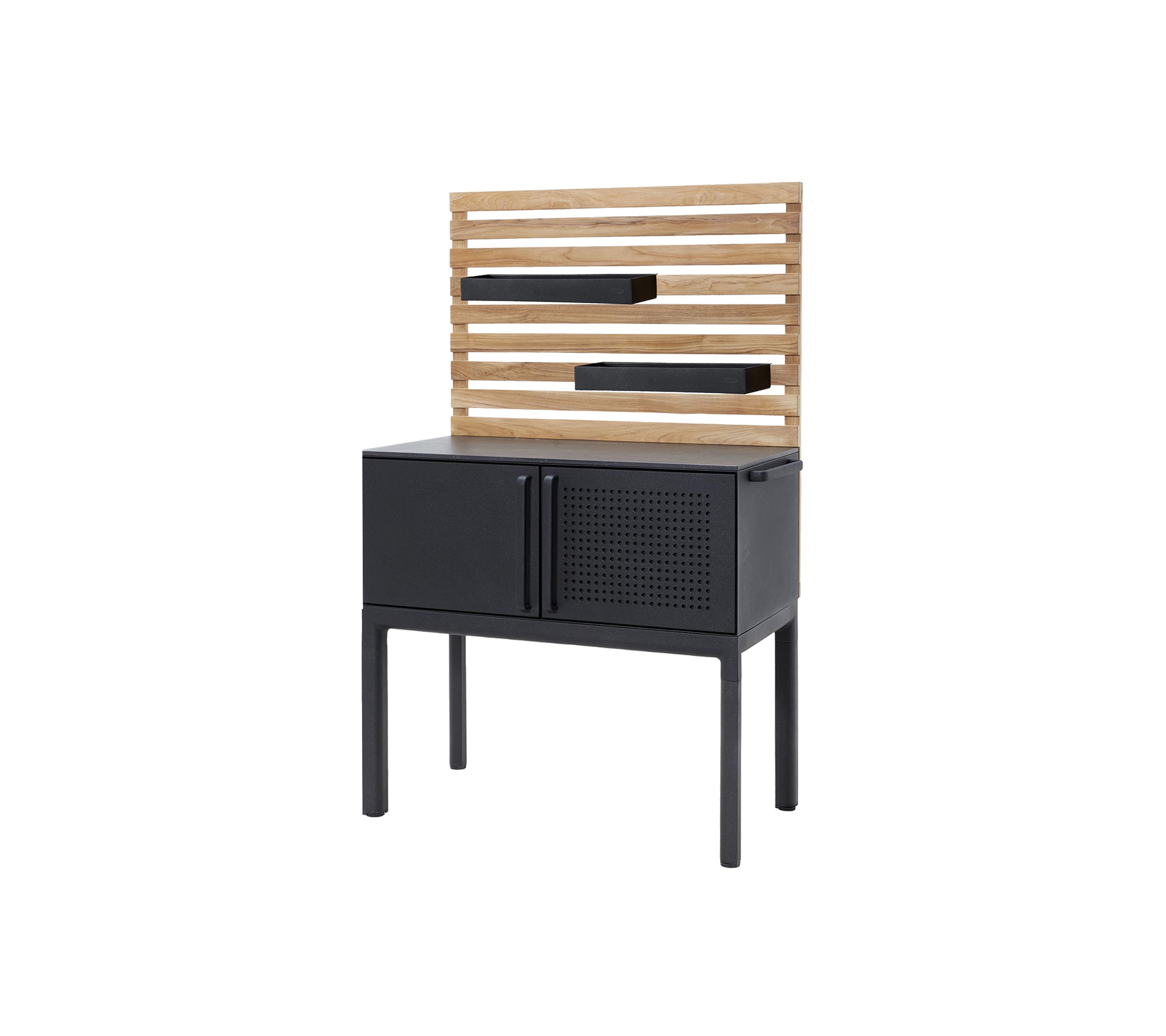 Stylish cabinet featuring a wooden slatted shelf and a sleek black base with doors and perforated detailing for storage and display.