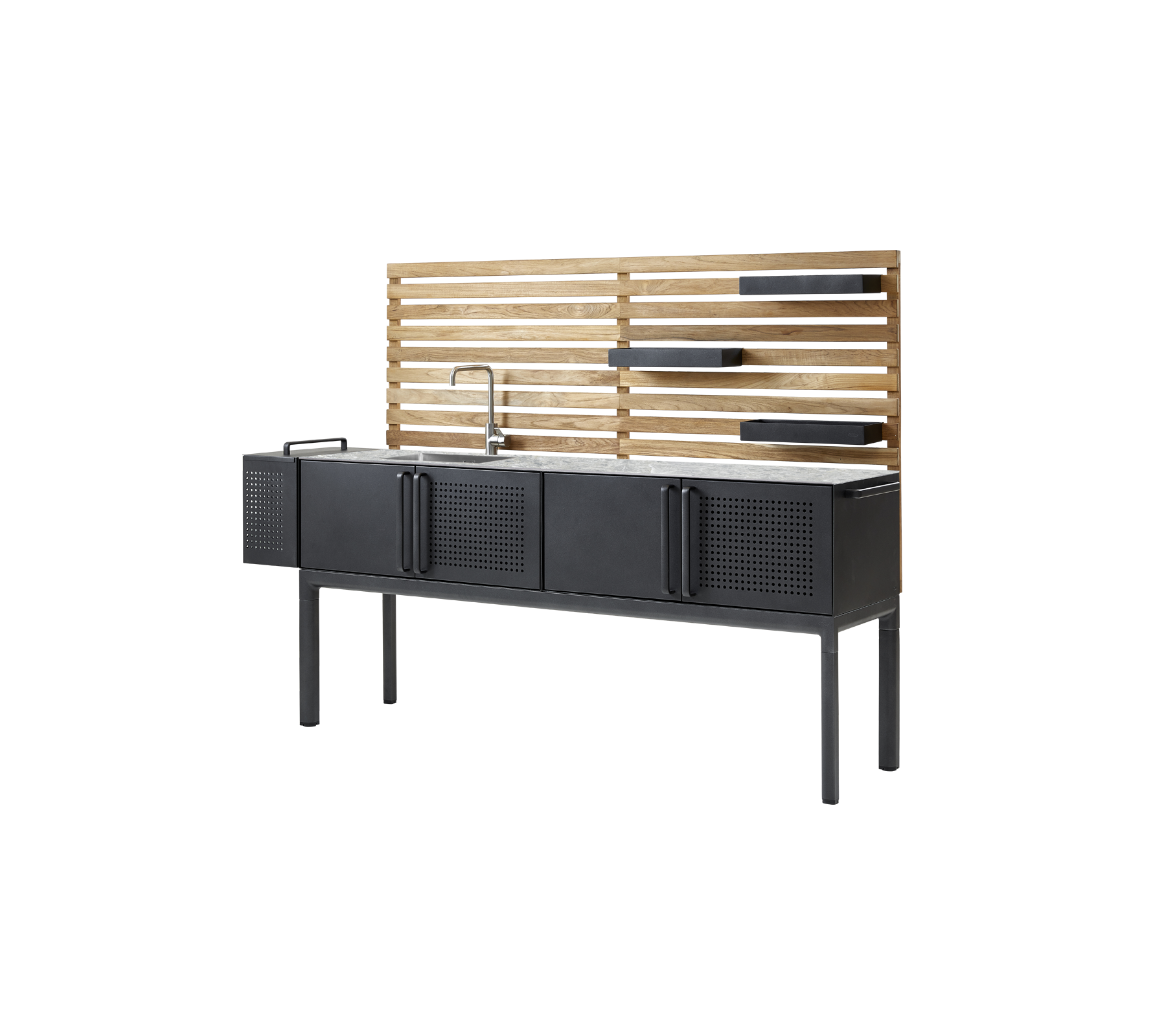 A modern kitchen unit with a sleek metal base, multiple storage cabinets, and a wooden backdrop featuring shelving. Ideal for organized spaces.