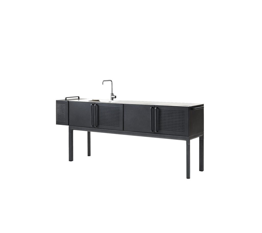 Modern black cabinet with clean lines and minimalist design.