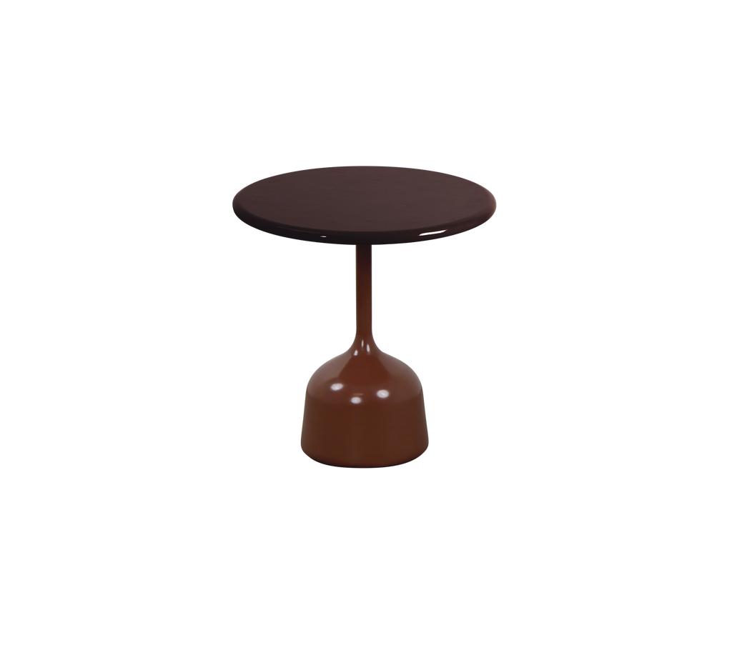 Modern brown table with a round top and base.