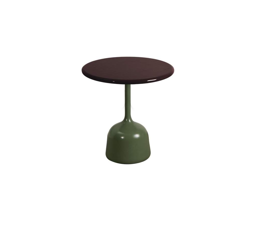 Round table with olive green base and brown top.