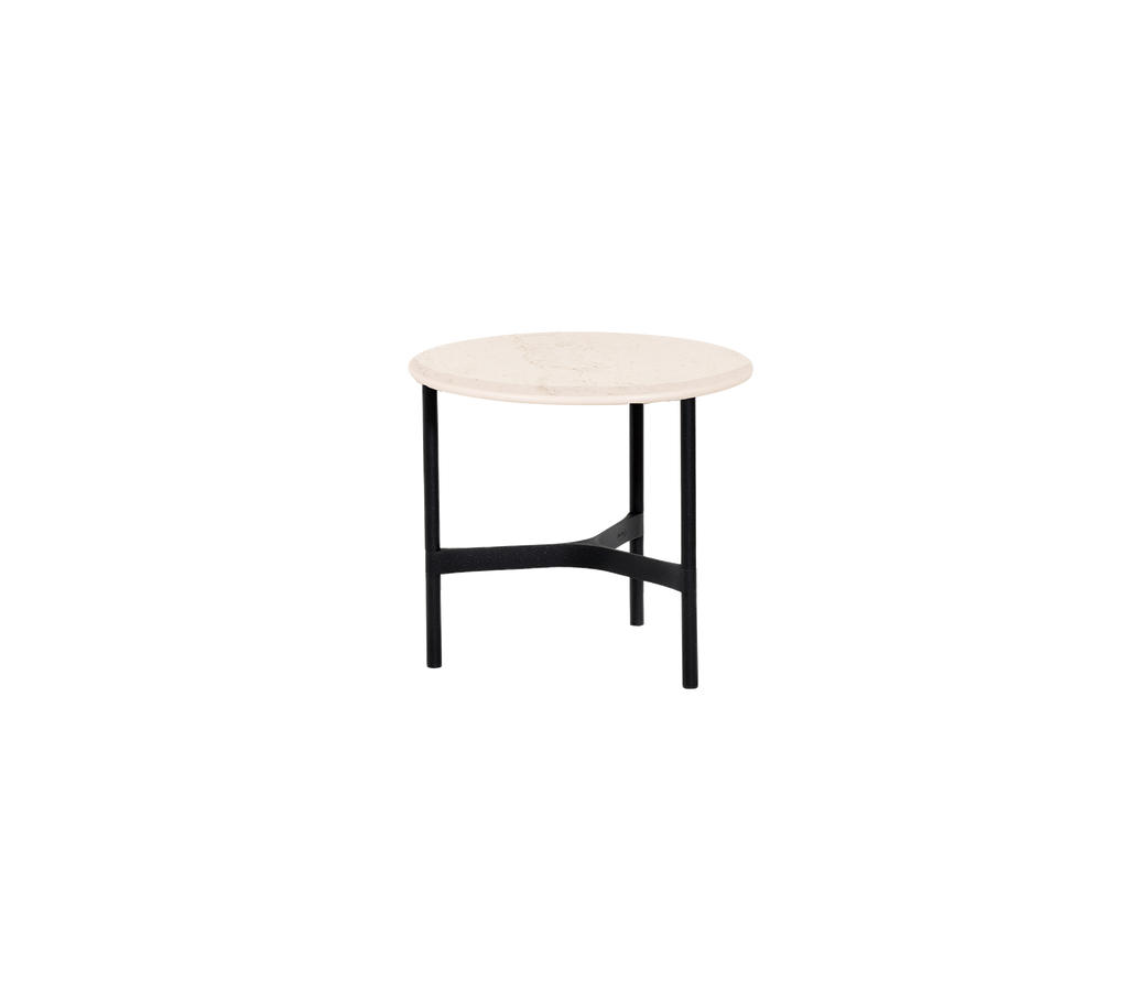 Round table with a sleek light-colored top and black metal legs, ideal for both modern and minimalist settings.