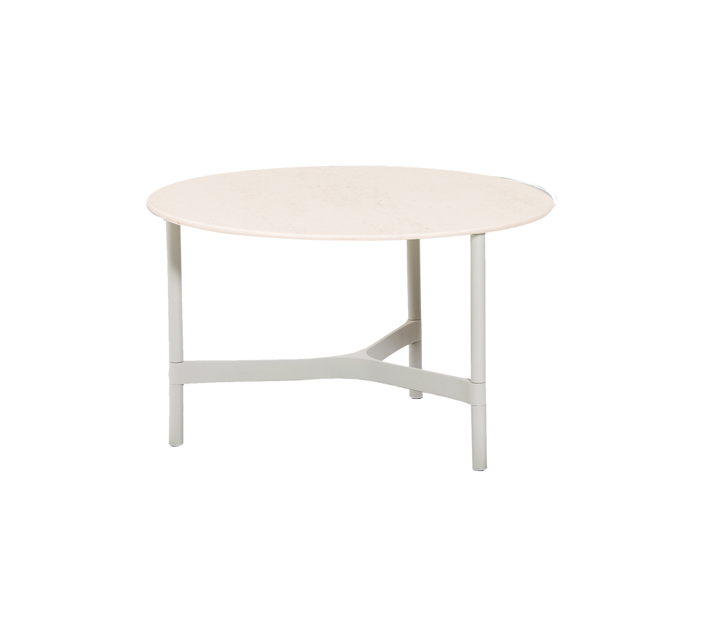 Round table with a light-colored top and a simple, sturdy white base, suitable for various settings and purposes.