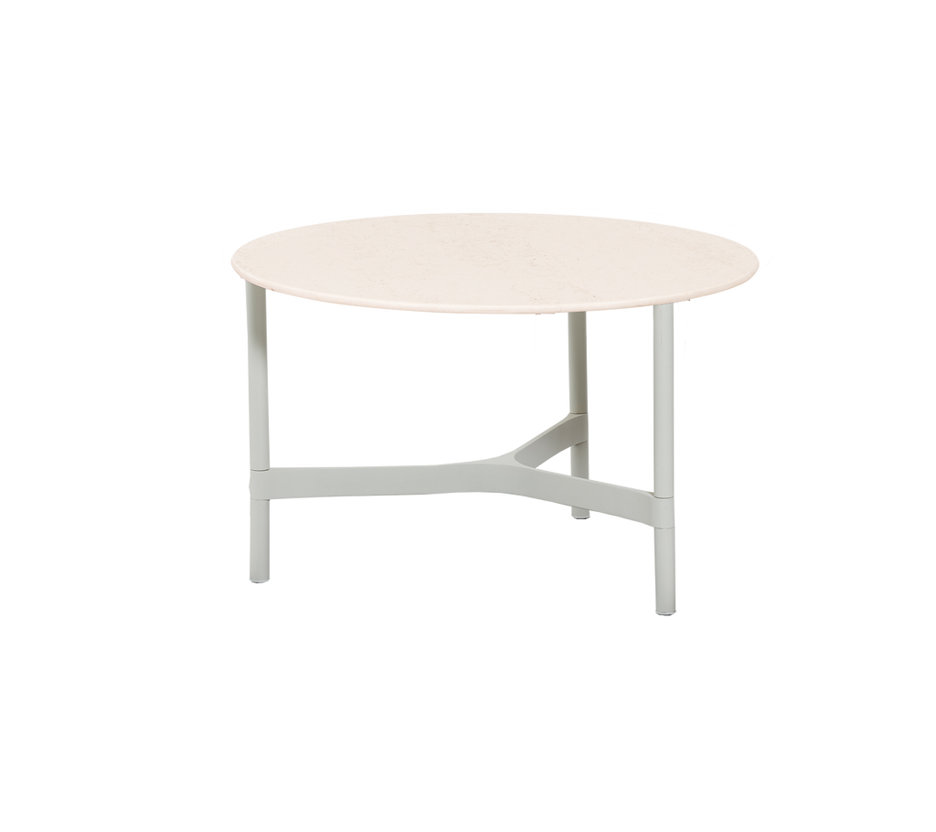 Round table with a light-colored top and a sturdy gray base, perfect for casual dining or gatherings.