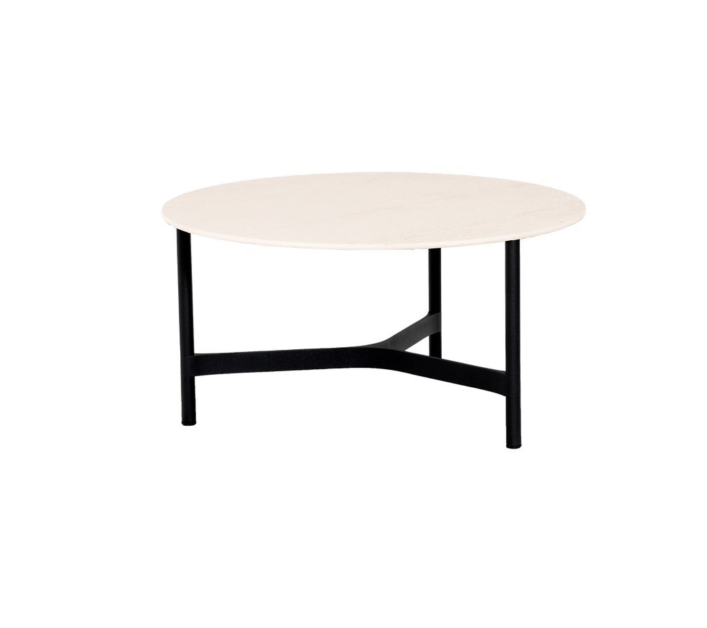 Round coffee table with a light-colored top and a black metal frame, featuring a unique support design for stability and style.