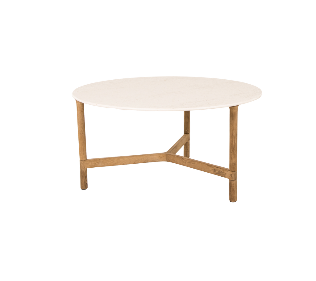 Round coffee table with a smooth white top and wooden legs featuring a unique cross design for support. Ideal for contemporary settings.