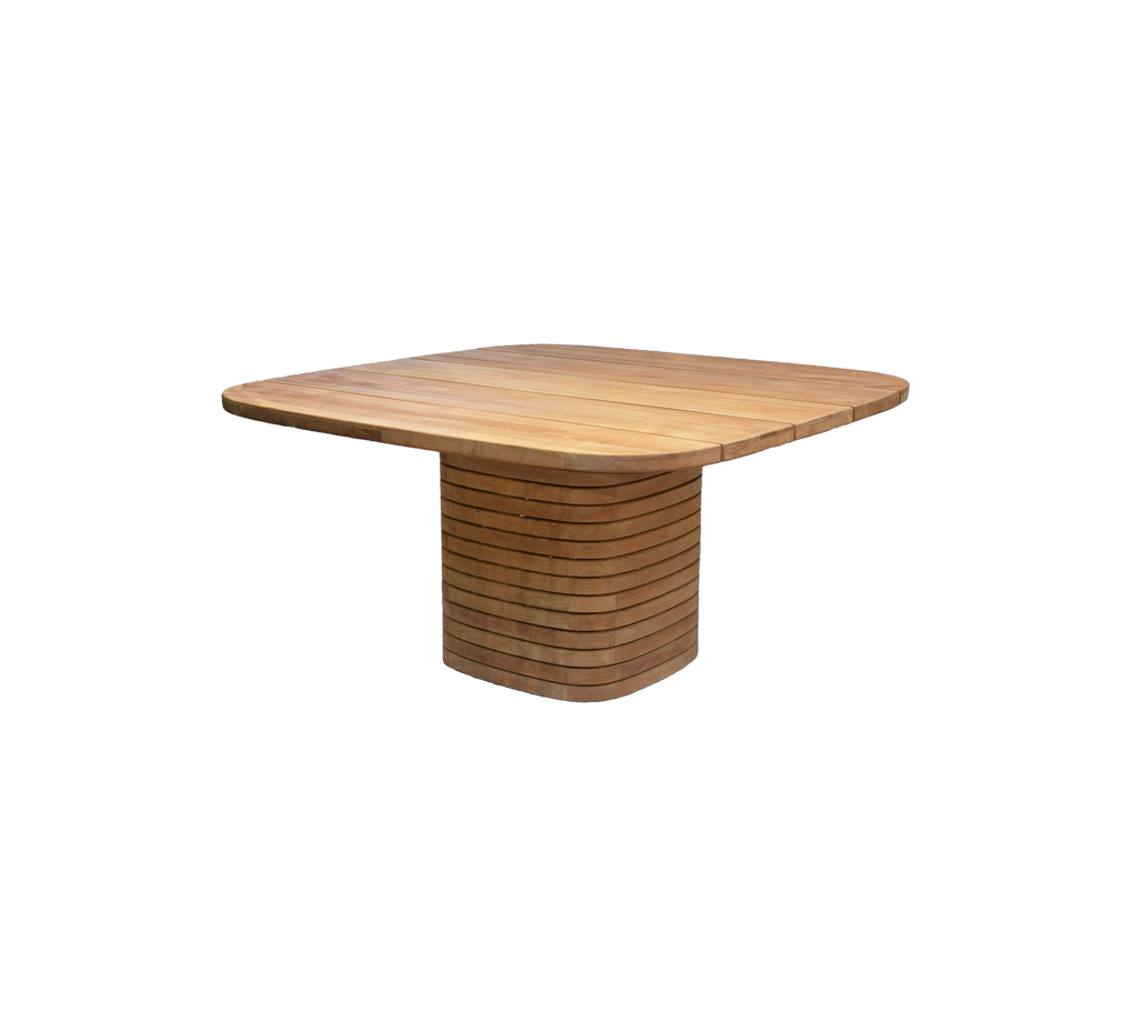 Square teak dining table with a unique base design.