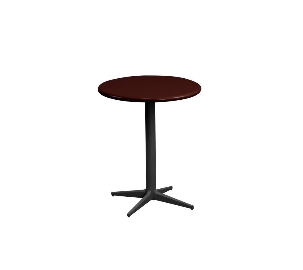 Burgundy round table with a black base.