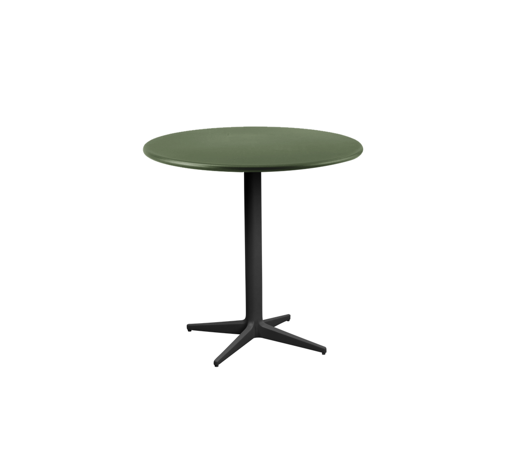 Modern round green table with a black base.