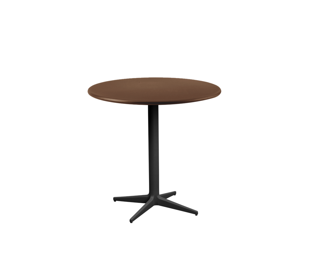 Round brown table with a black base.