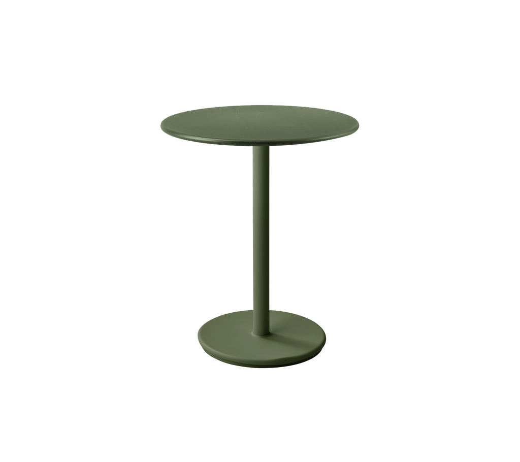 Modern dark green table with a simple round top and base.