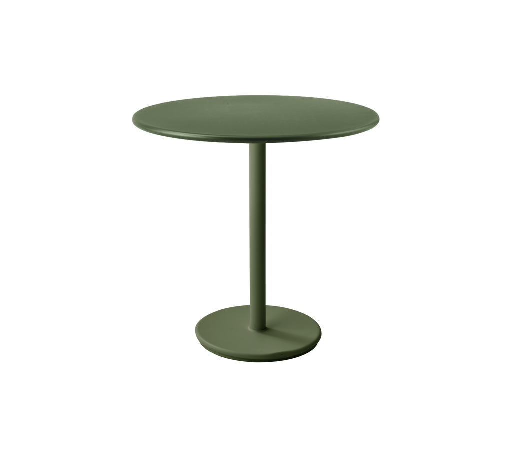Dark green round table with a minimalistic design.