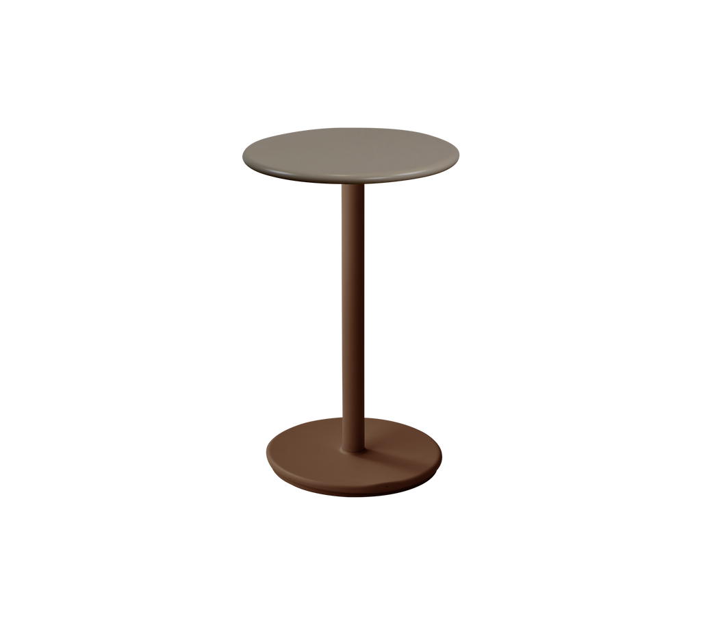 Modern taupe table with a desert red base in a minimalist design.