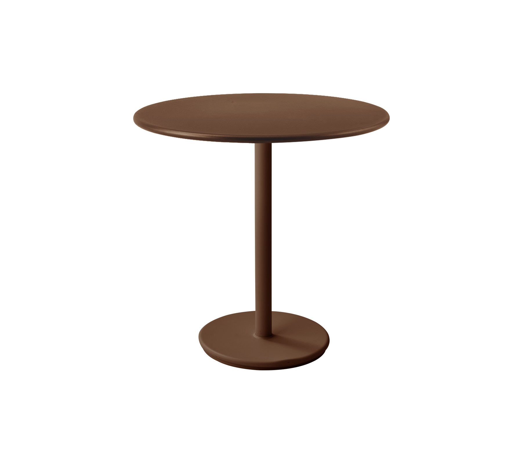 A round desert red table with a simple pedestal base.