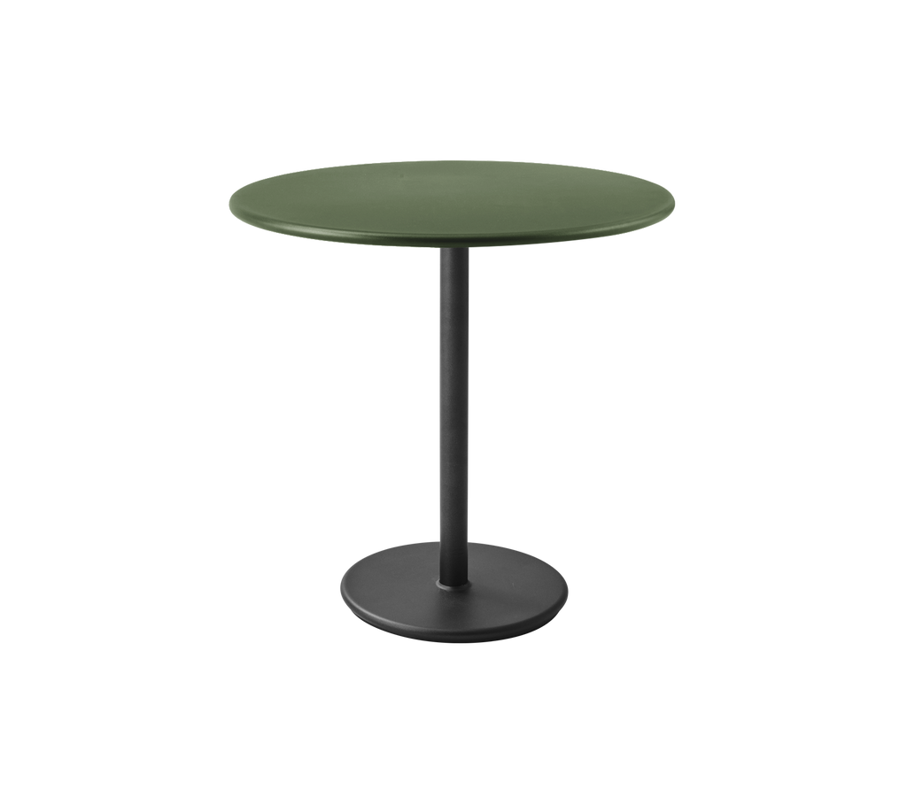 Modern dark green table with a black base.