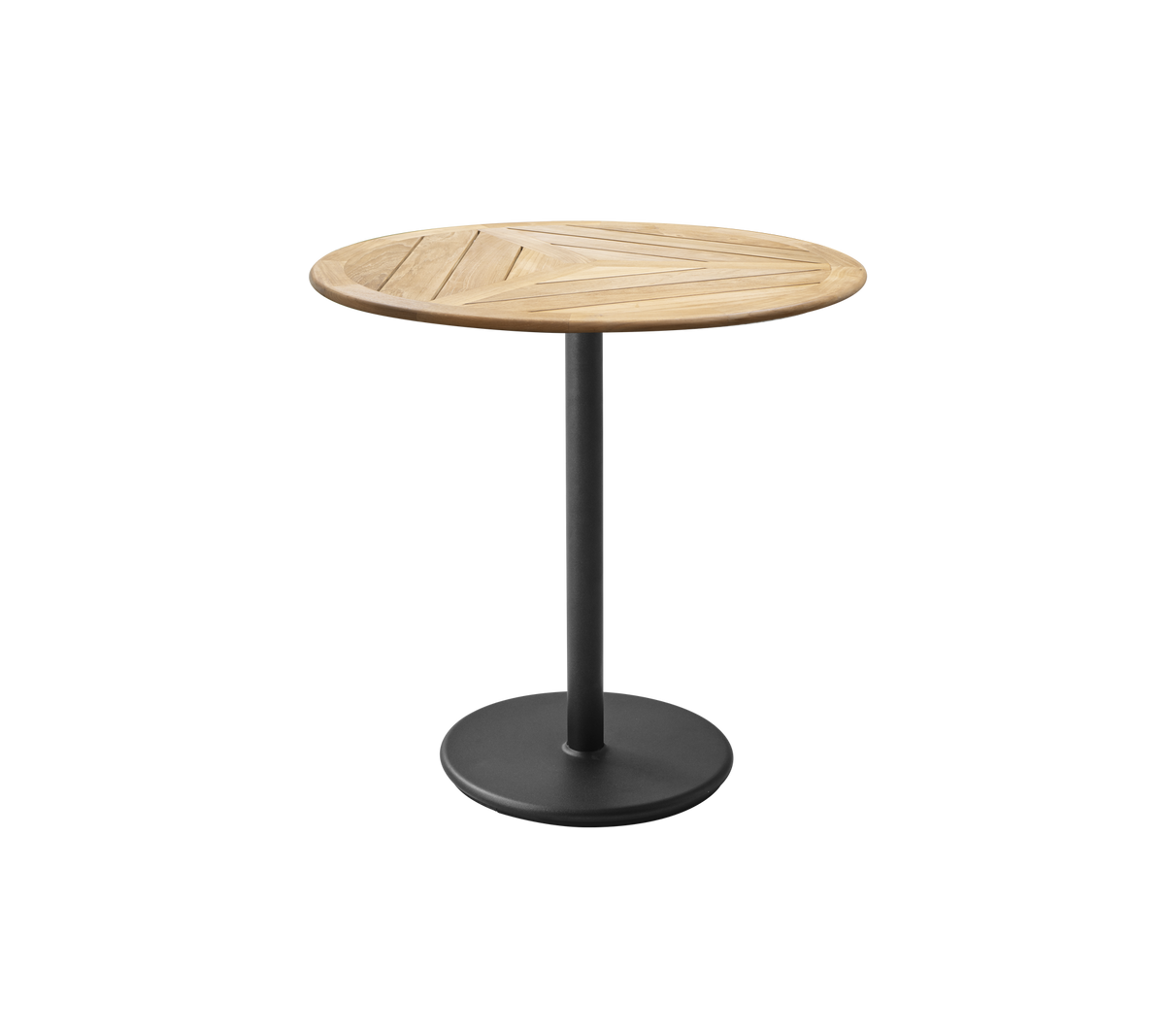 Round table with a wooden top featuring a geometric design and a metal base in a matte finish. Ideal for casual dining or gatherings.