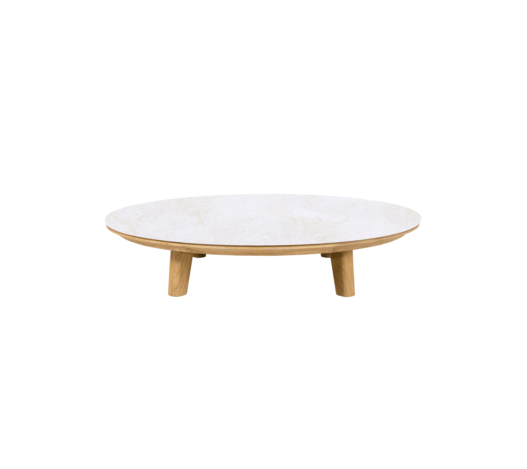 Round travertine table with teak legs.