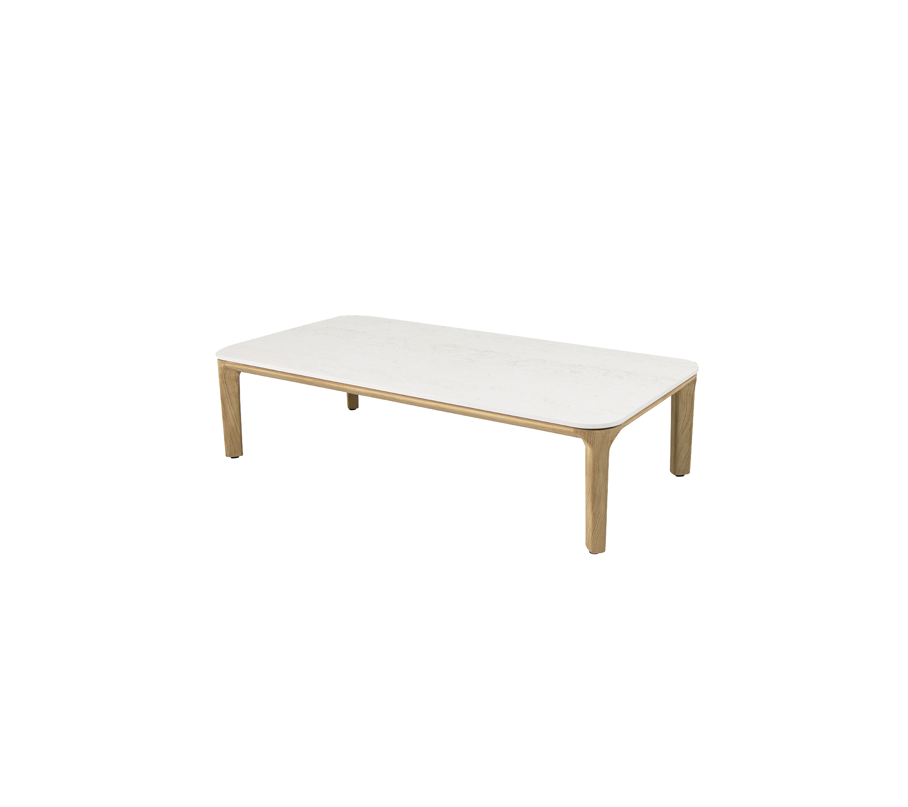 Rectangular coffee table with a sleek white surface and natural wood legs, ideal for modern living spaces.