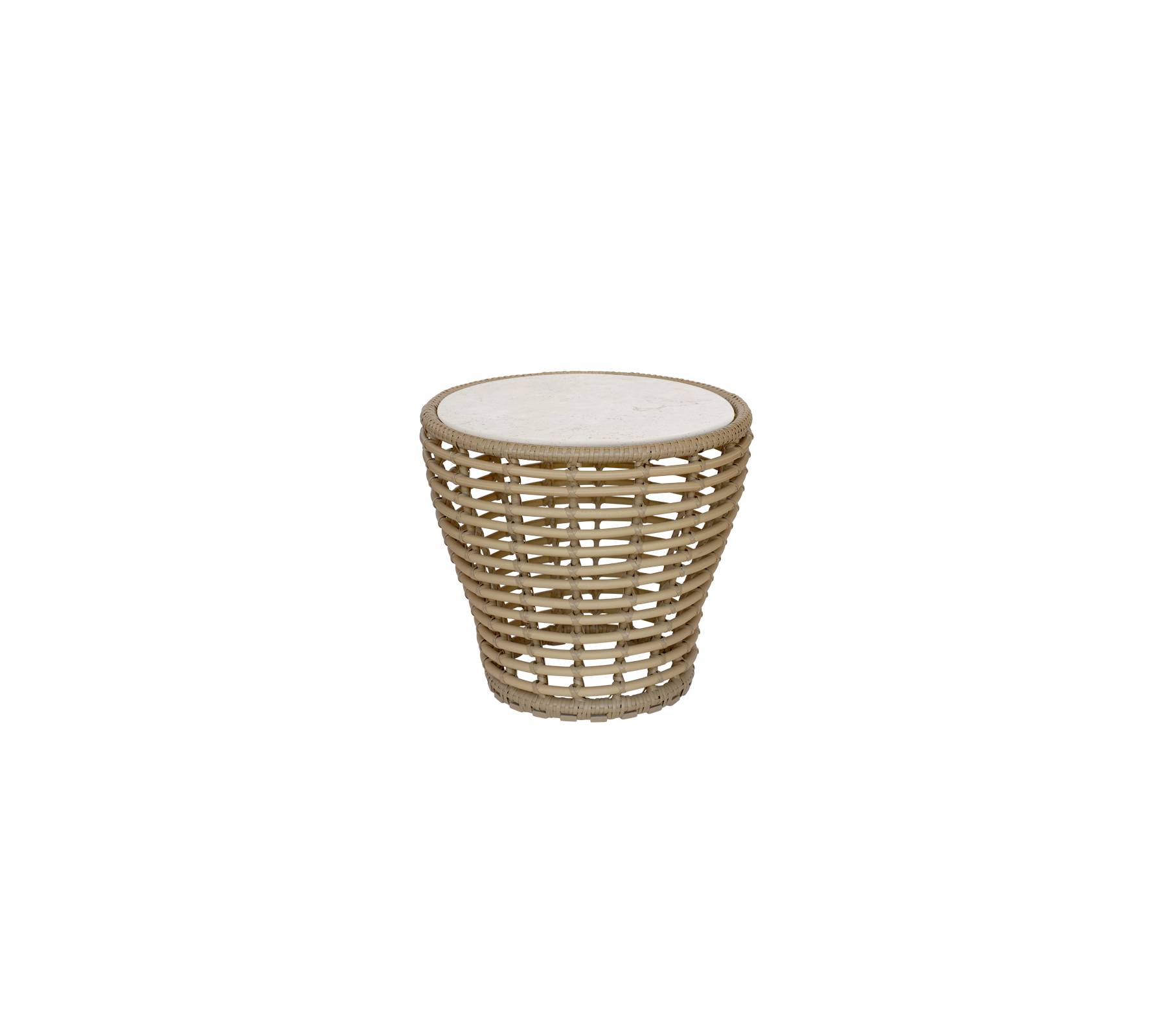 Natural table with a round top and woven design.