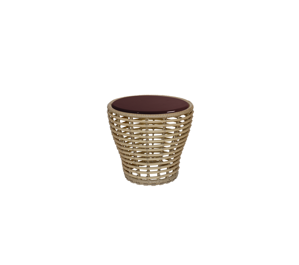 Natural basket with a burgundy top.