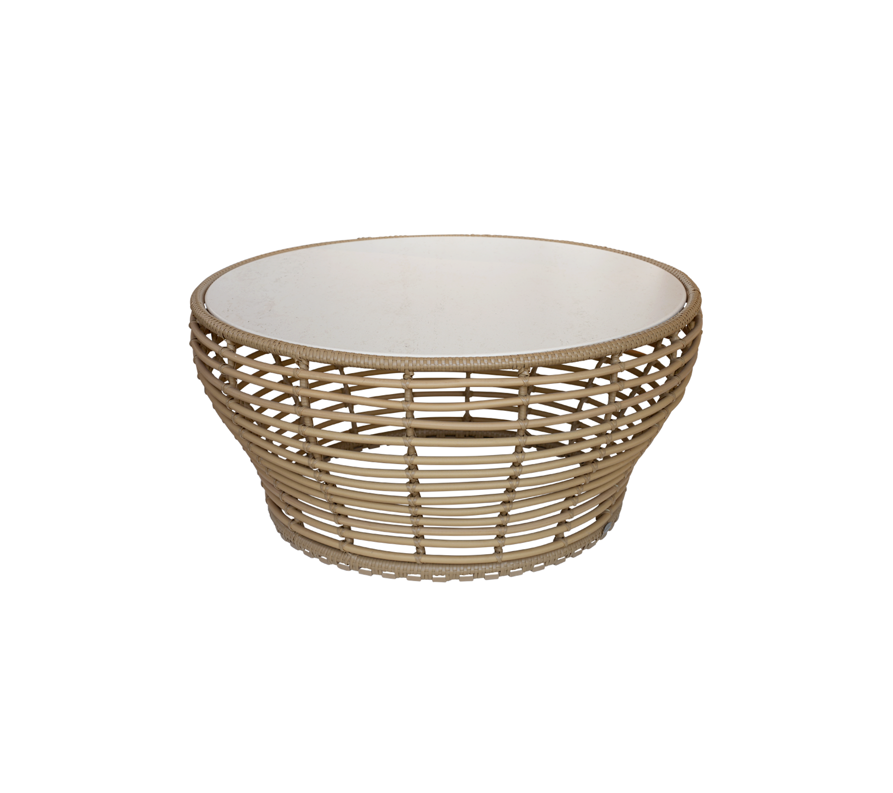 Stylish round basket with a natural woven design and a white interior, perfect for storing items or as a decorative piece.