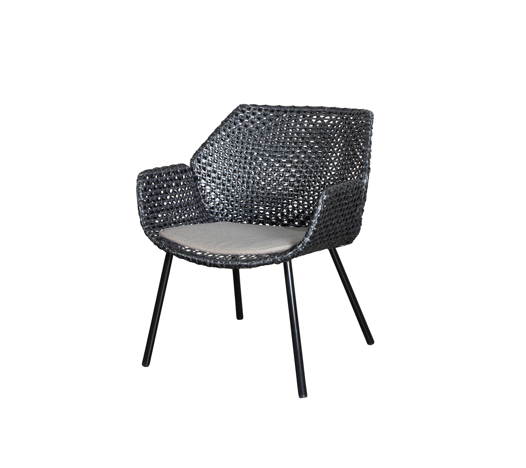 Stylish woven armchair with a cushioned seat, featuring sleek metal legs and a modern design, perfect for contemporary settings.