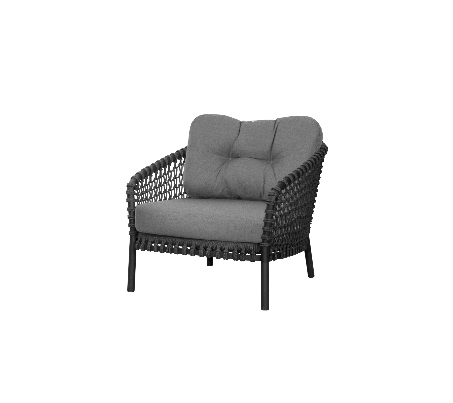 Stylish armchair with a woven design and plush gray cushions, offering comfort and elegance for various settings.