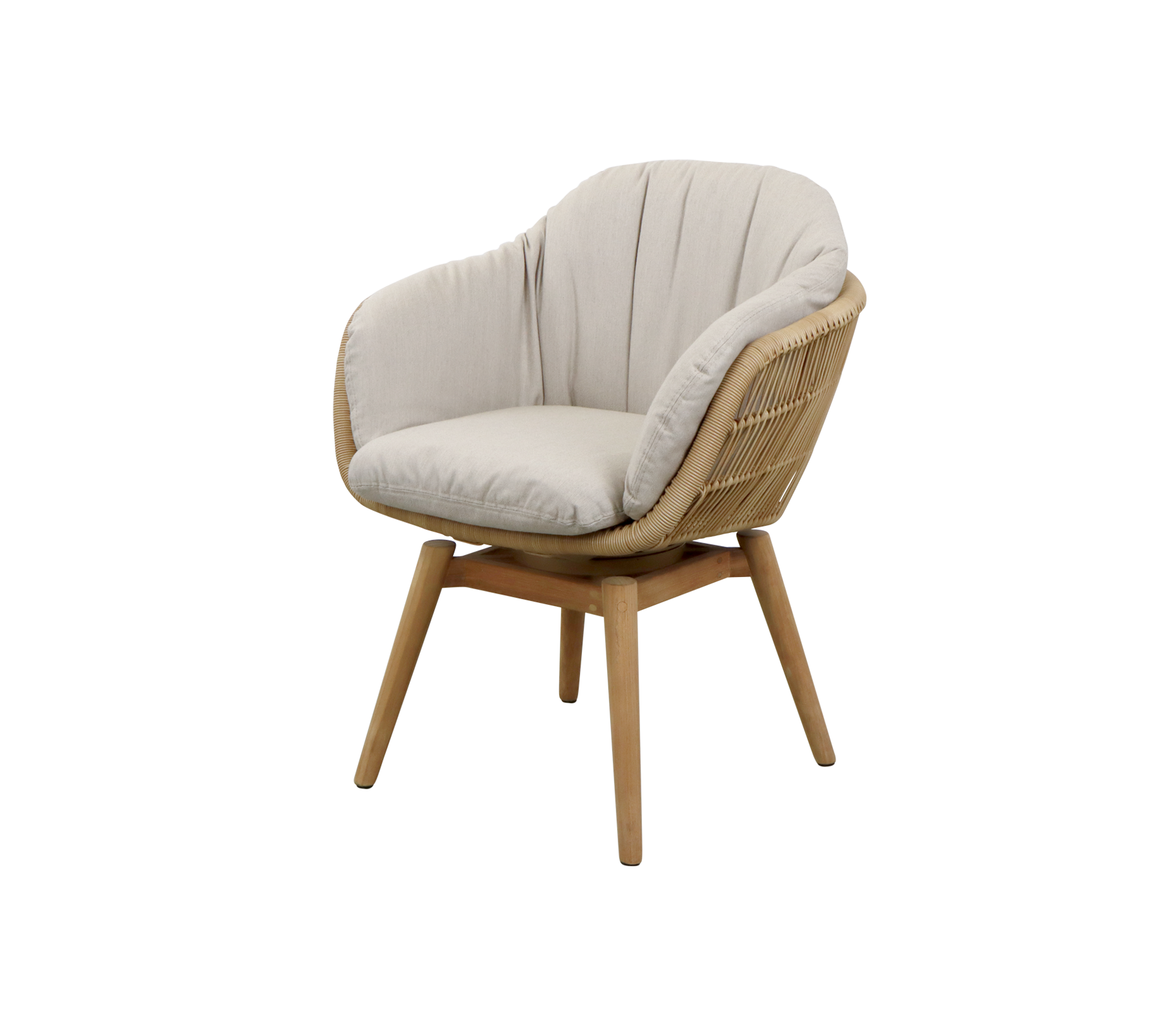 A stylish chair featuring a curved backrest, soft cream upholstery, and a natural wooden frame for a modern and cozy look.