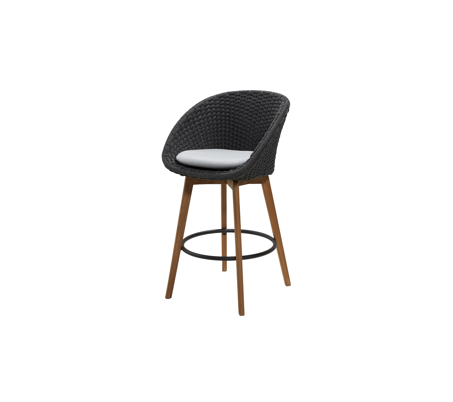 Stylish bar stool with a curved seat in black woven material, complemented by natural wooden legs and a comfortable cushion.