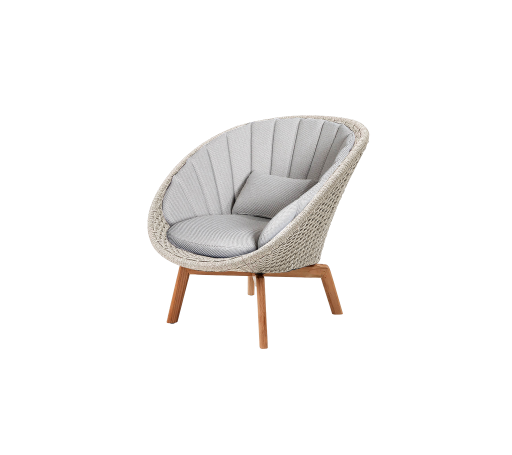 Modern light grey chair with a rounded design and wooden legs.