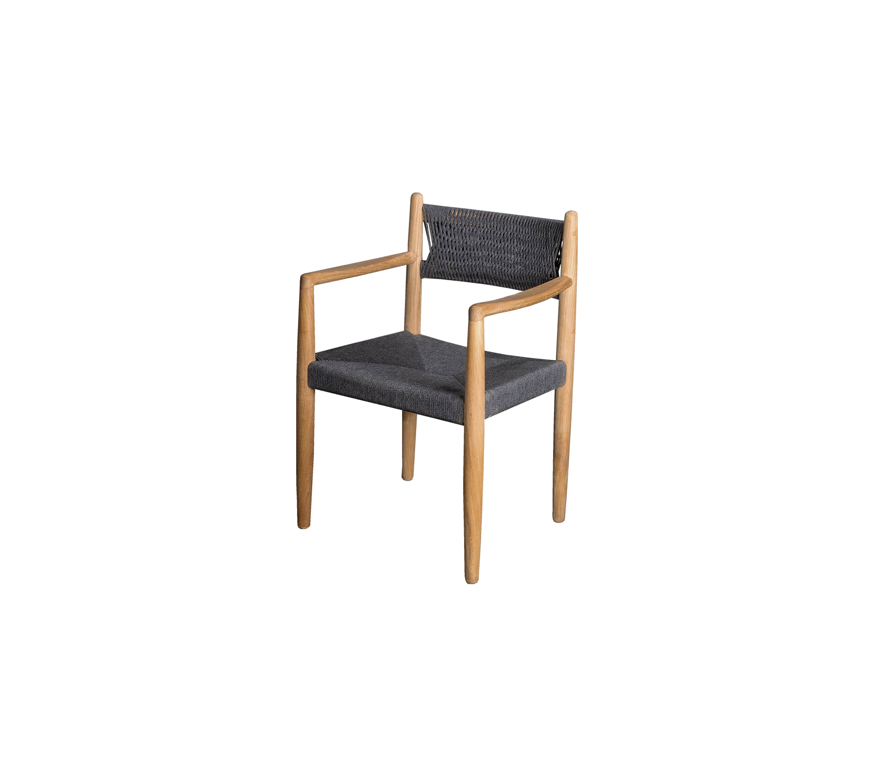 Stylish chair with a wooden frame and dark fabric upholstery, featuring armrests and a contemporary design.