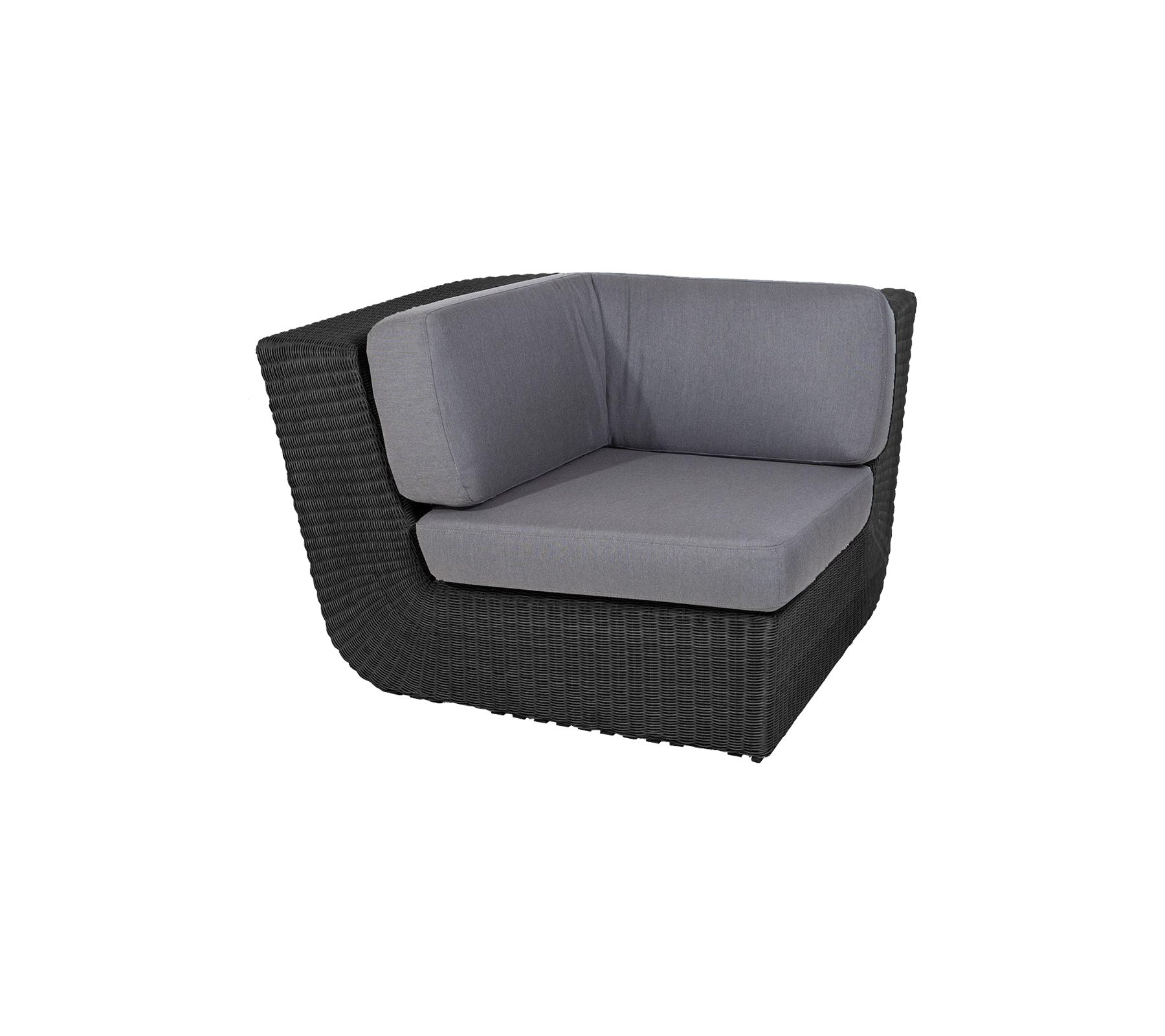 Stylish corner seating piece with a sleek black wicker frame and comfortable gray cushions, perfect for modern decor.