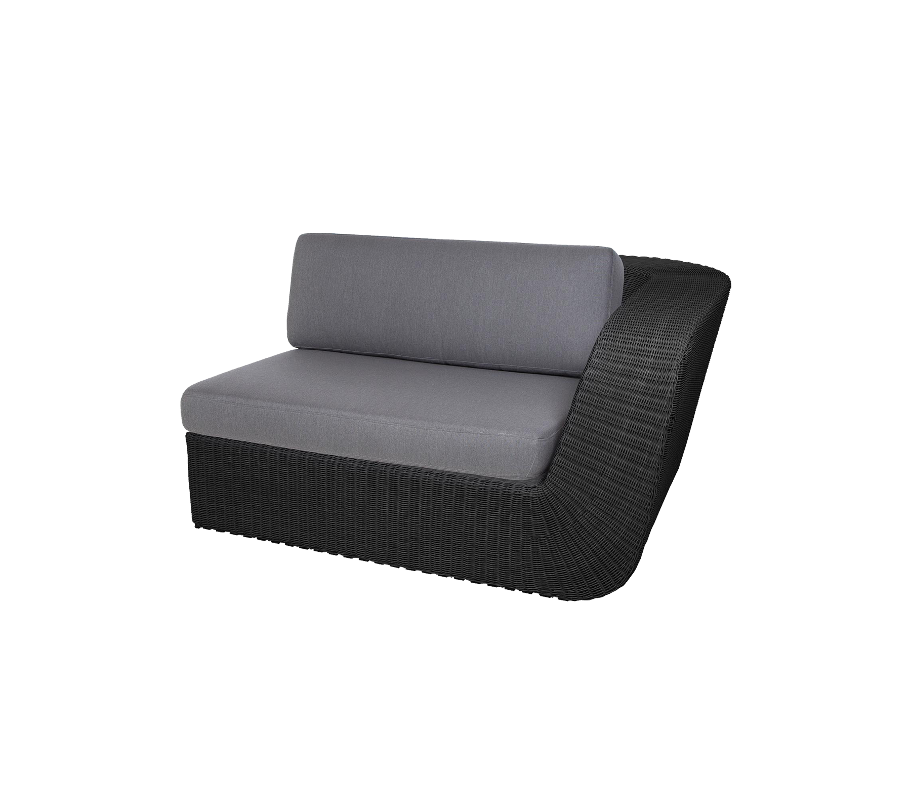 Stylish curved loveseat featuring a sleek black wicker base and comfortable gray cushions for modern seating.
