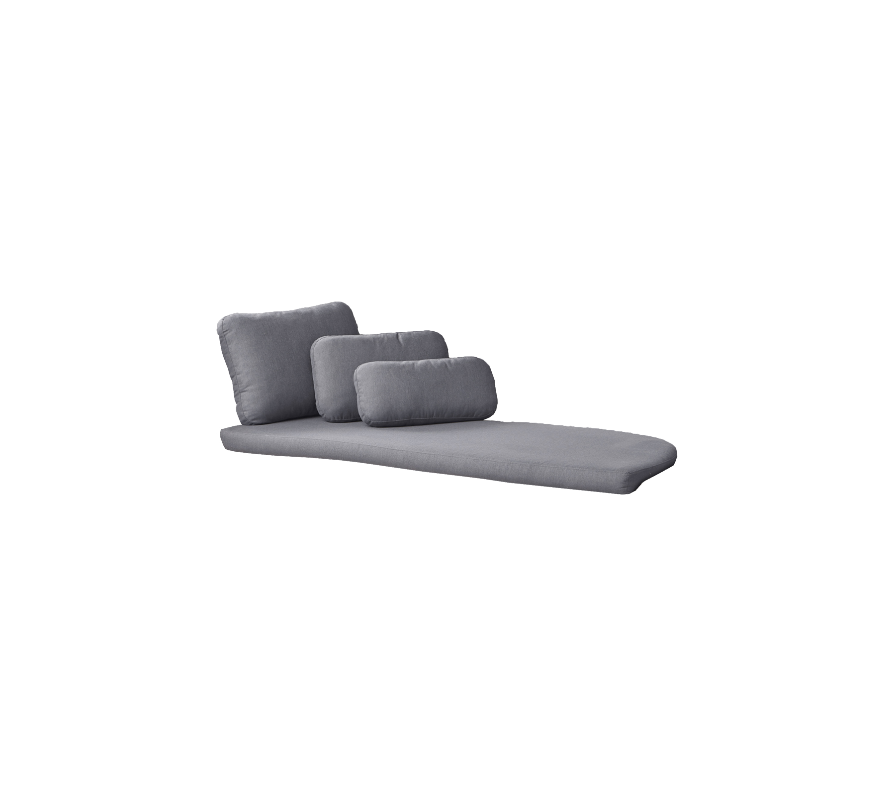 Modern gray chaise lounge with three plush cushions, offering a sleek and comfortable design for relaxation.