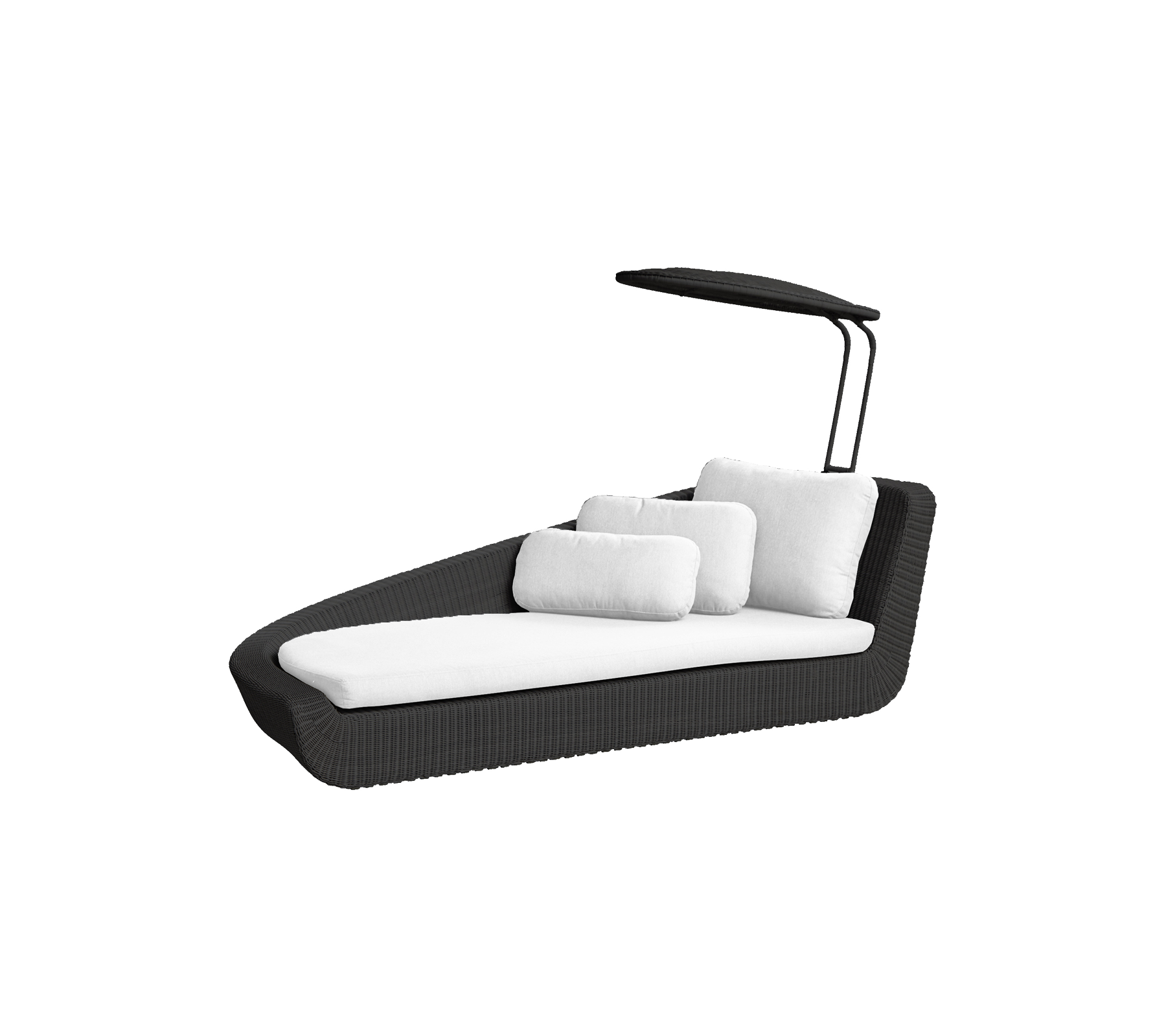 Stylish outdoor lounge chair with a sleek design, featuring plush white cushions and a protective canopy for comfort and relaxation.