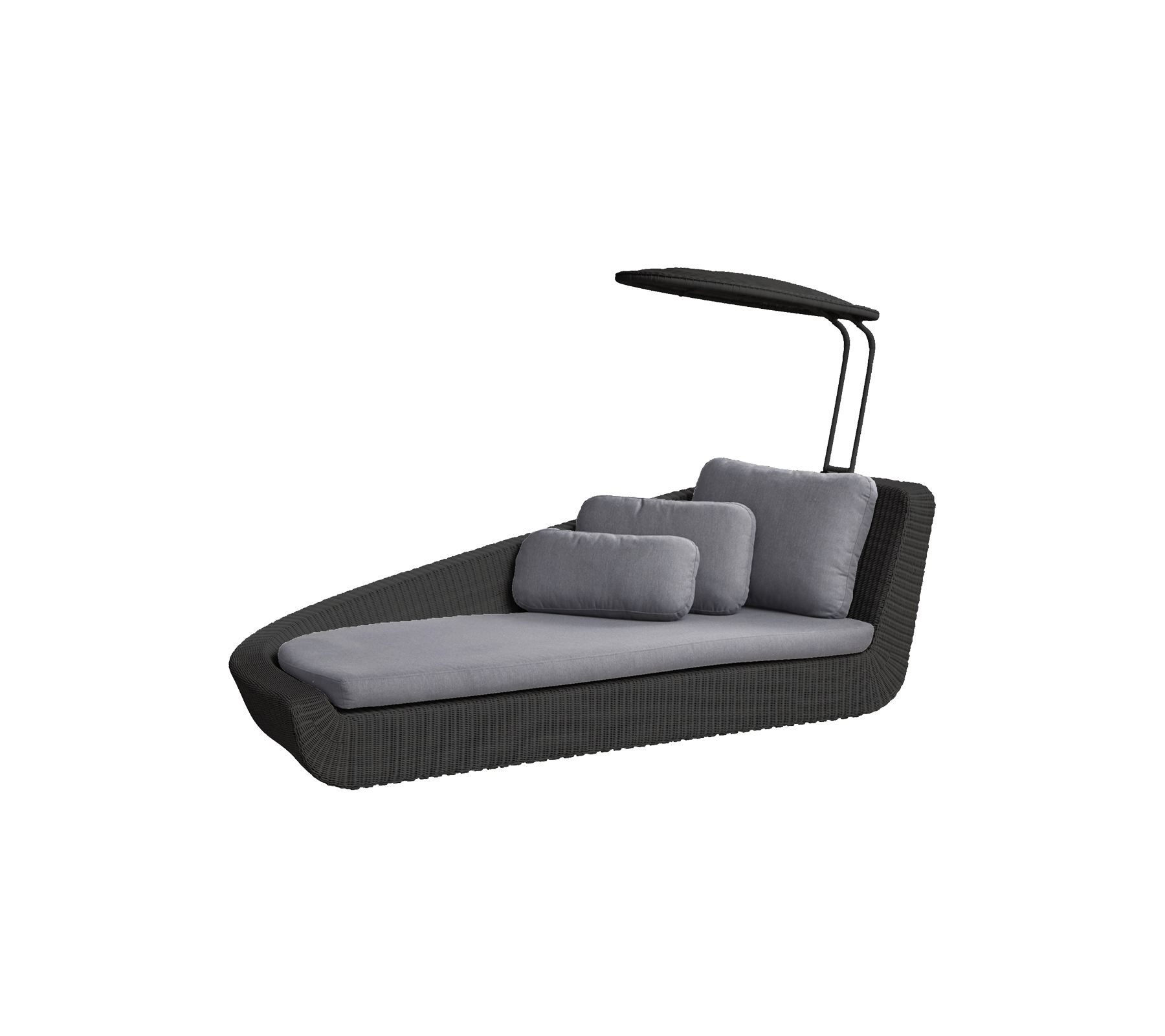 Stylish lounge chair with a modern design, featuring a canopy and plush grey cushions for comfort and relaxation.