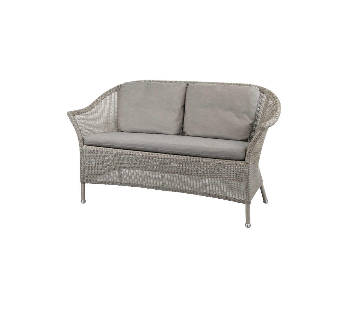 Cozy two-seat sofa with light gray cushions and woven design, perfect for relaxation and stylish seating.