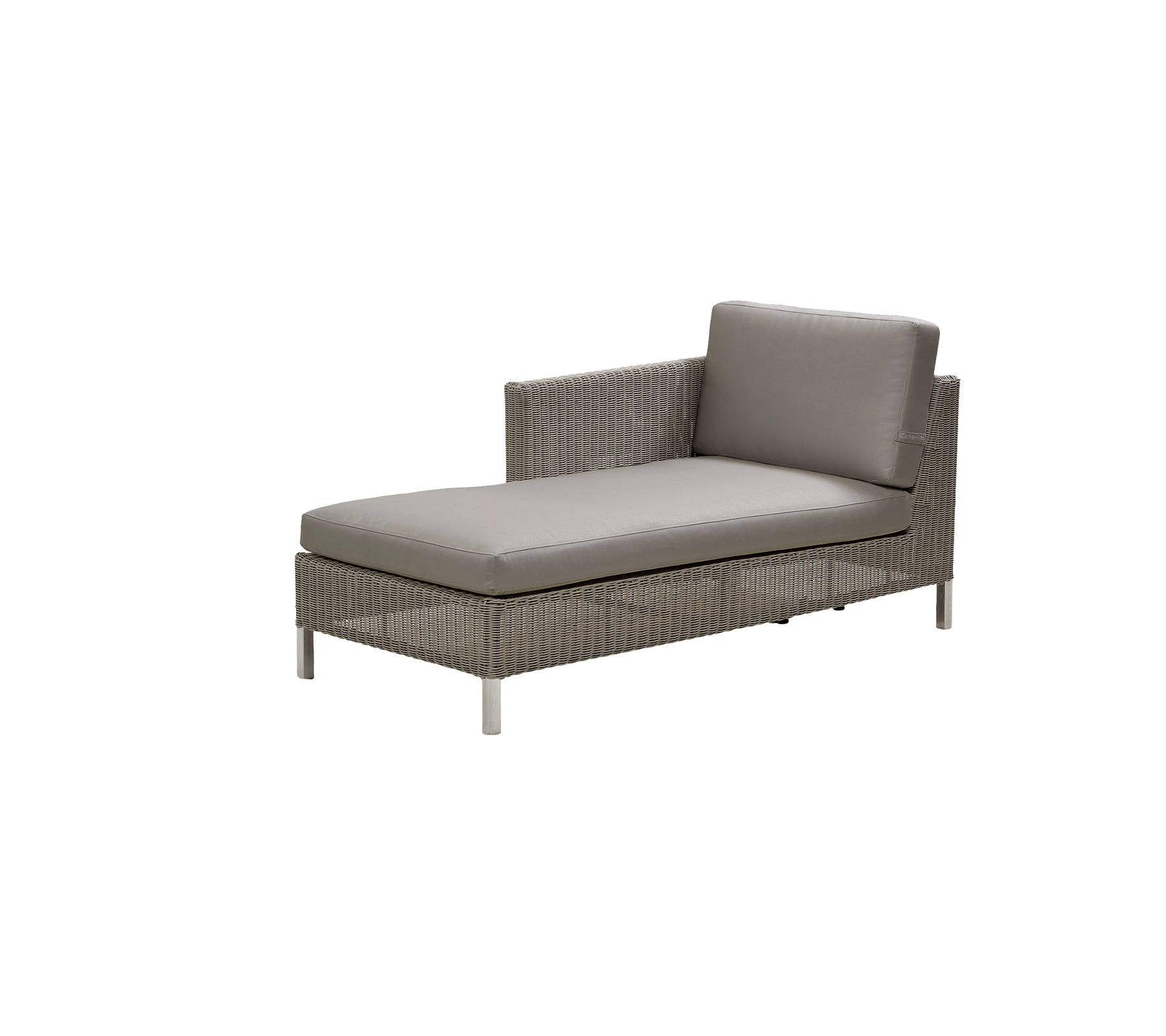 Stylish lounge chair with a woven frame and plush gray cushion, perfect for relaxation and outdoor spaces.