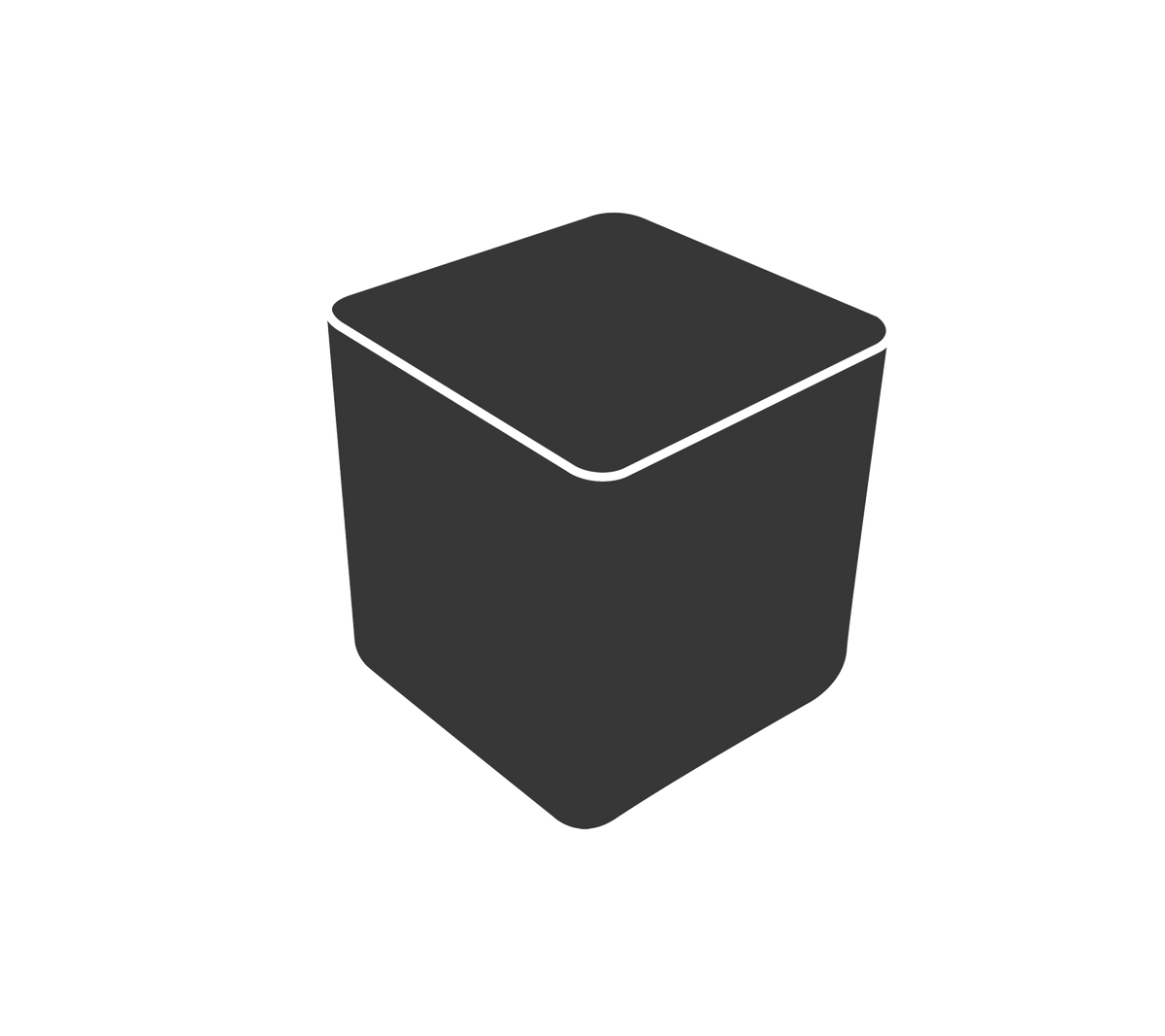 A simple, dark-colored cube-shaped container with a slightly open top, featuring smooth, rounded edges.