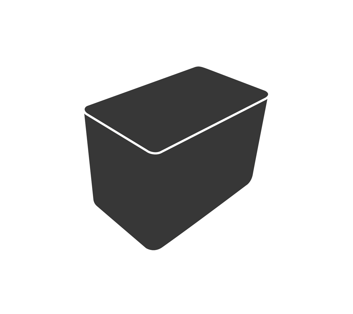 A dark, rectangular container with a smooth surface and slightly slanted sides, featuring a flat lid on top.