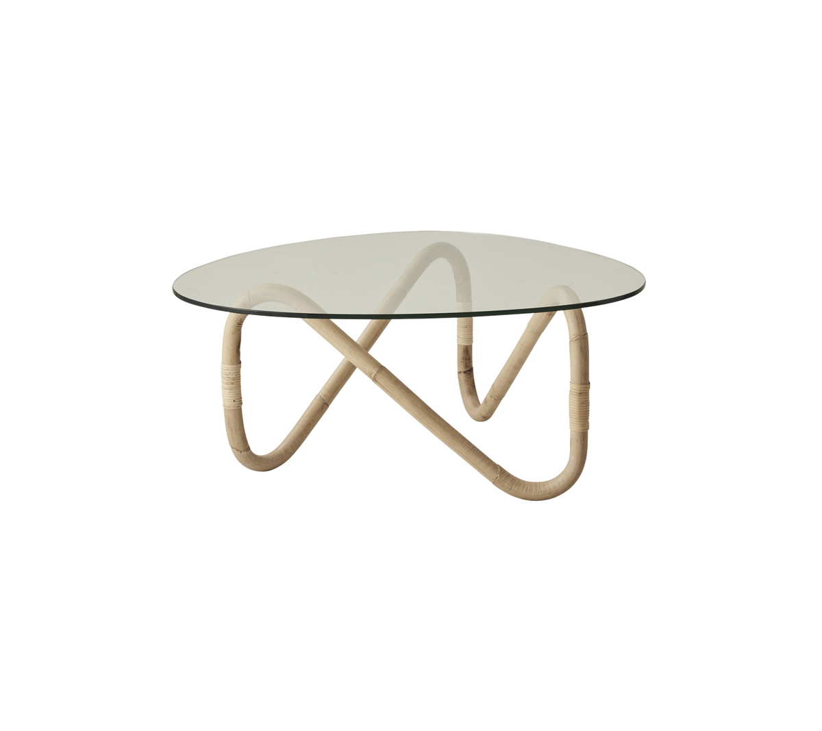 Round glass table with a stylish, curved rattan base, offering a modern, elegant design suitable for various settings.