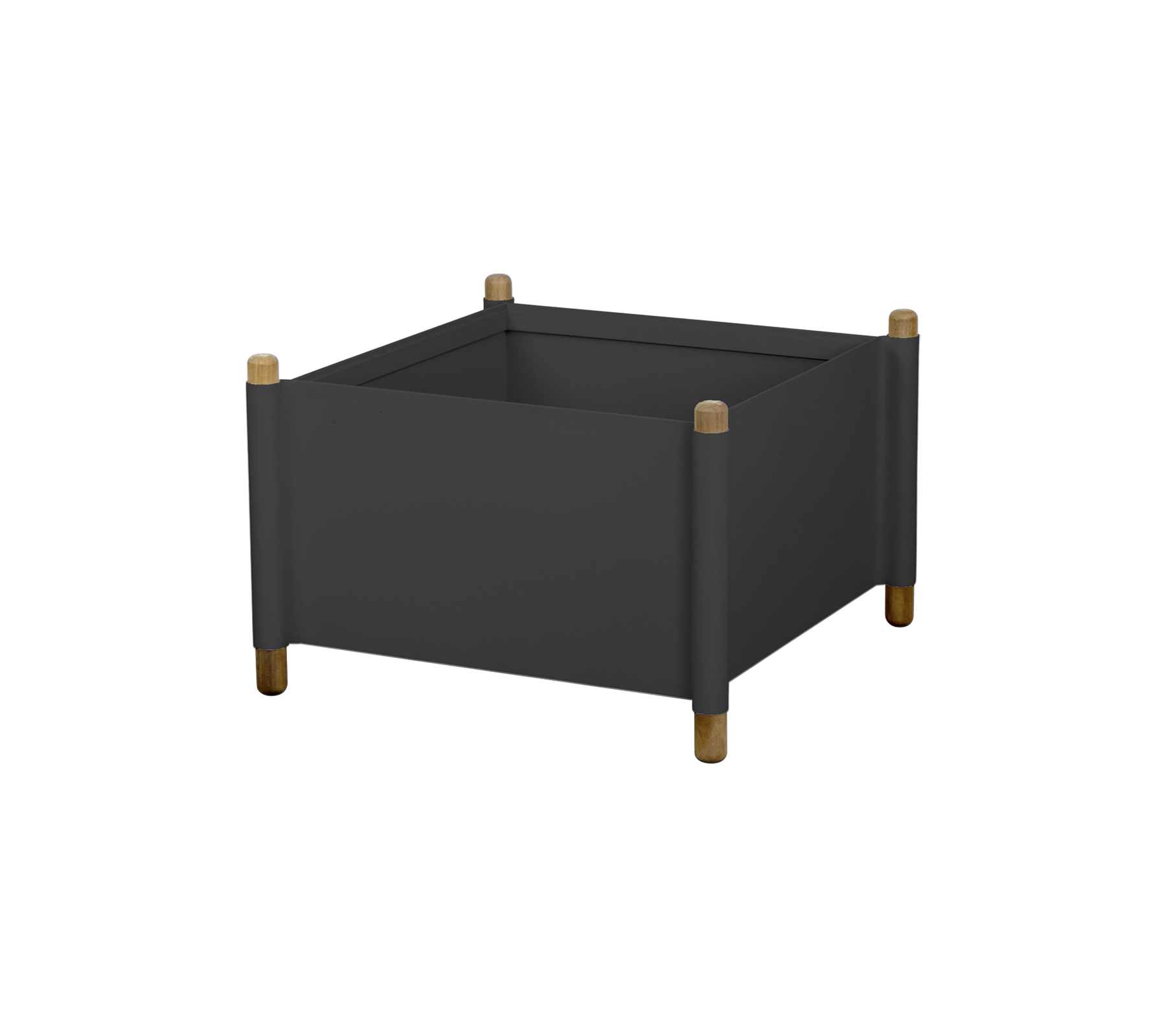 A square planter with a dark finish and wooden legs, designed for displaying plants or flowers in a stylish manner.