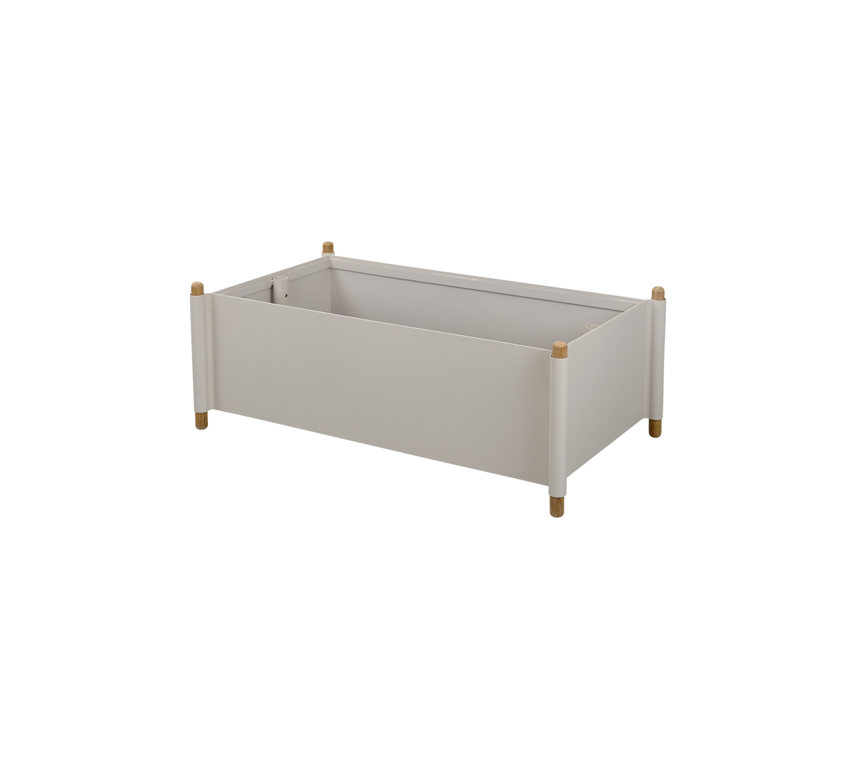 Light gray storage box with wooden legs and a minimalist design, suitable for organizing various items.