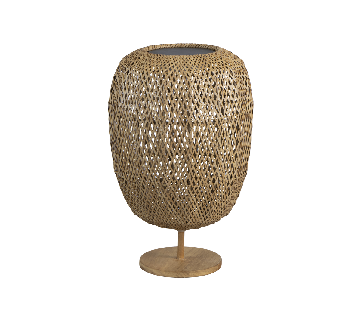 Woven natural fiber lamp with a rounded shape and a sturdy base, offering a stylish touch to any decor.