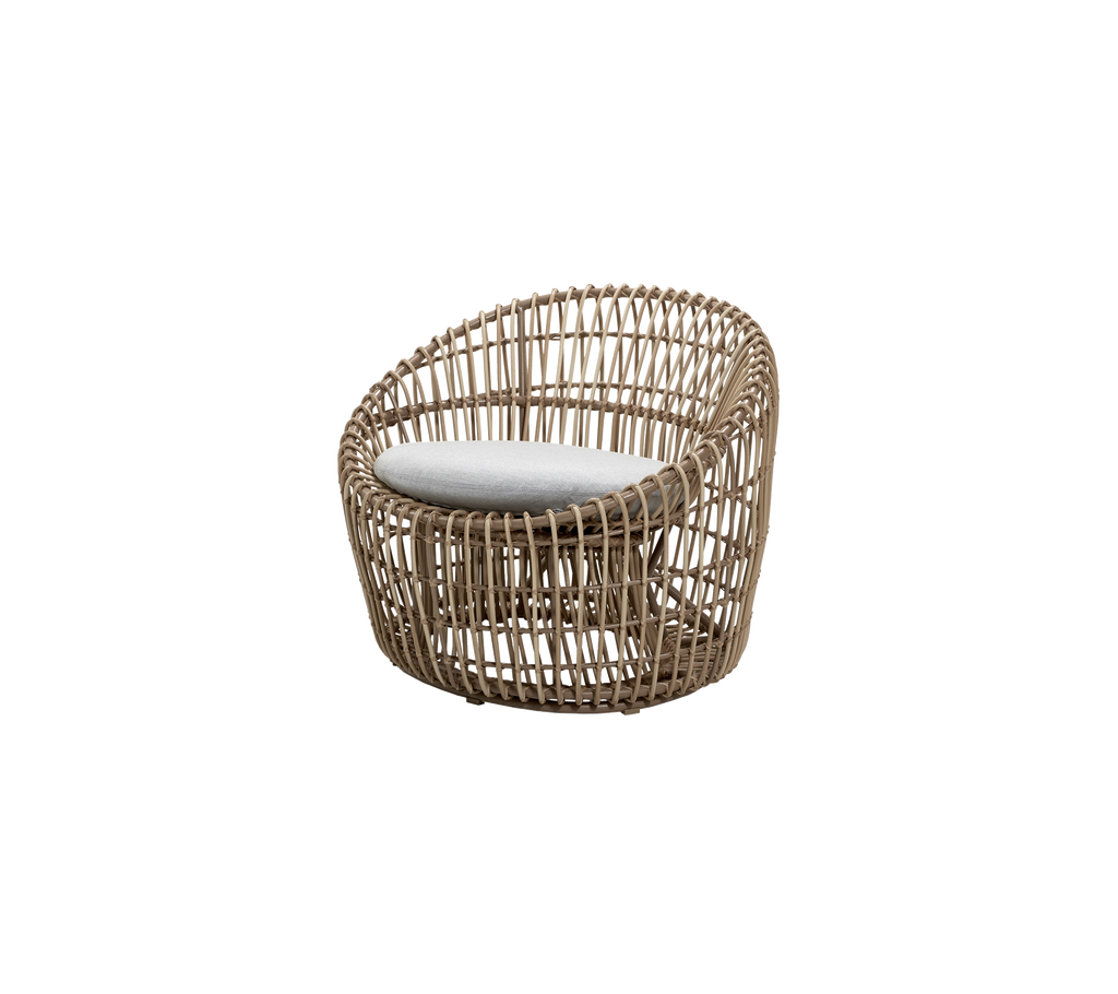 Modern woven lounge chair with a rounded design and a light-colored cushion for comfort. Ideal for stylish seating.
